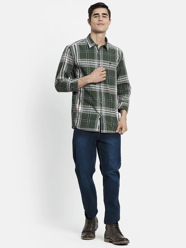 Men Olive Green Tartan Checks Checked Casual Shirt