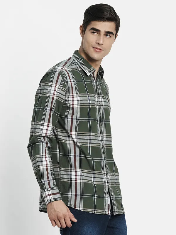 Men Olive Green Tartan Checks Checked Casual Shirt