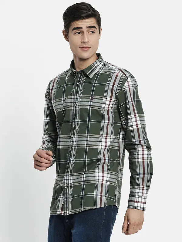 Men Olive Green Tartan Checks Checked Casual Shirt