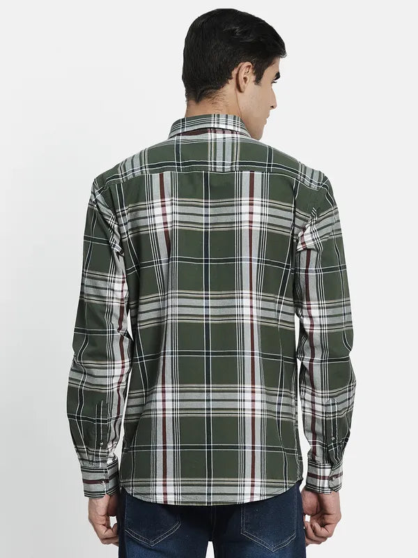 Men Olive Green Tartan Checks Checked Casual Shirt