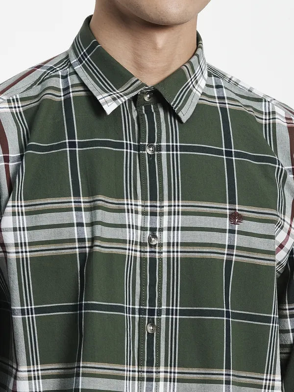 Men Olive Green Tartan Checks Checked Casual Shirt