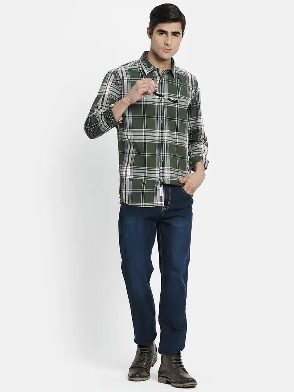 Men Olive Green Tartan Checks Checked Casual Shirt