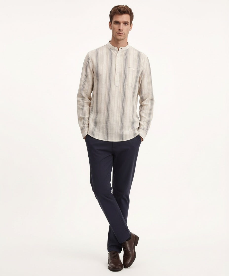 Men Natural Multi Stripes Mandrin Neck  Casual Shirt