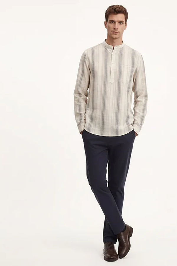 Men Multi Stripes Mandrin Neck  Casual Shirt