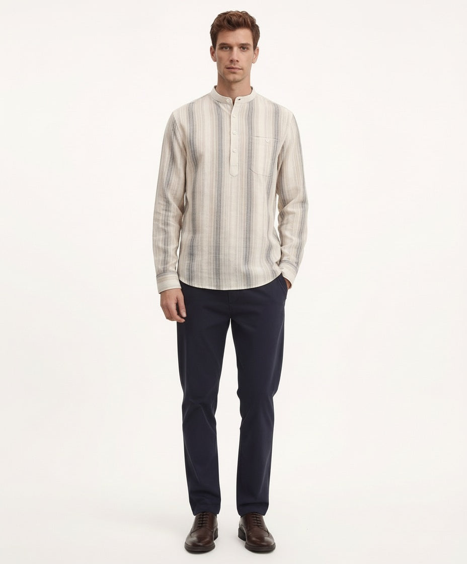 Men Natural Multi Stripes Mandrin Neck  Casual Shirt