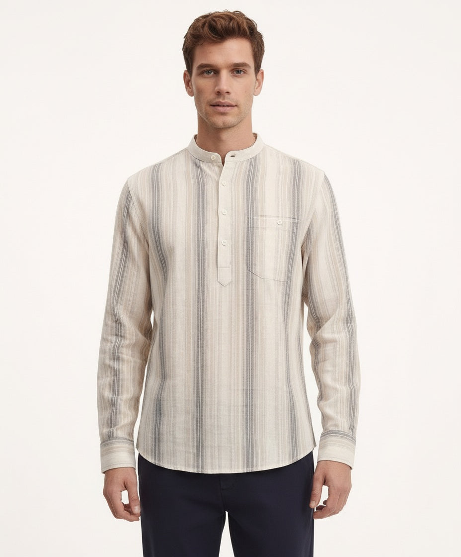 Men Multi Stripes Mandrin Neck  Casual Shirt