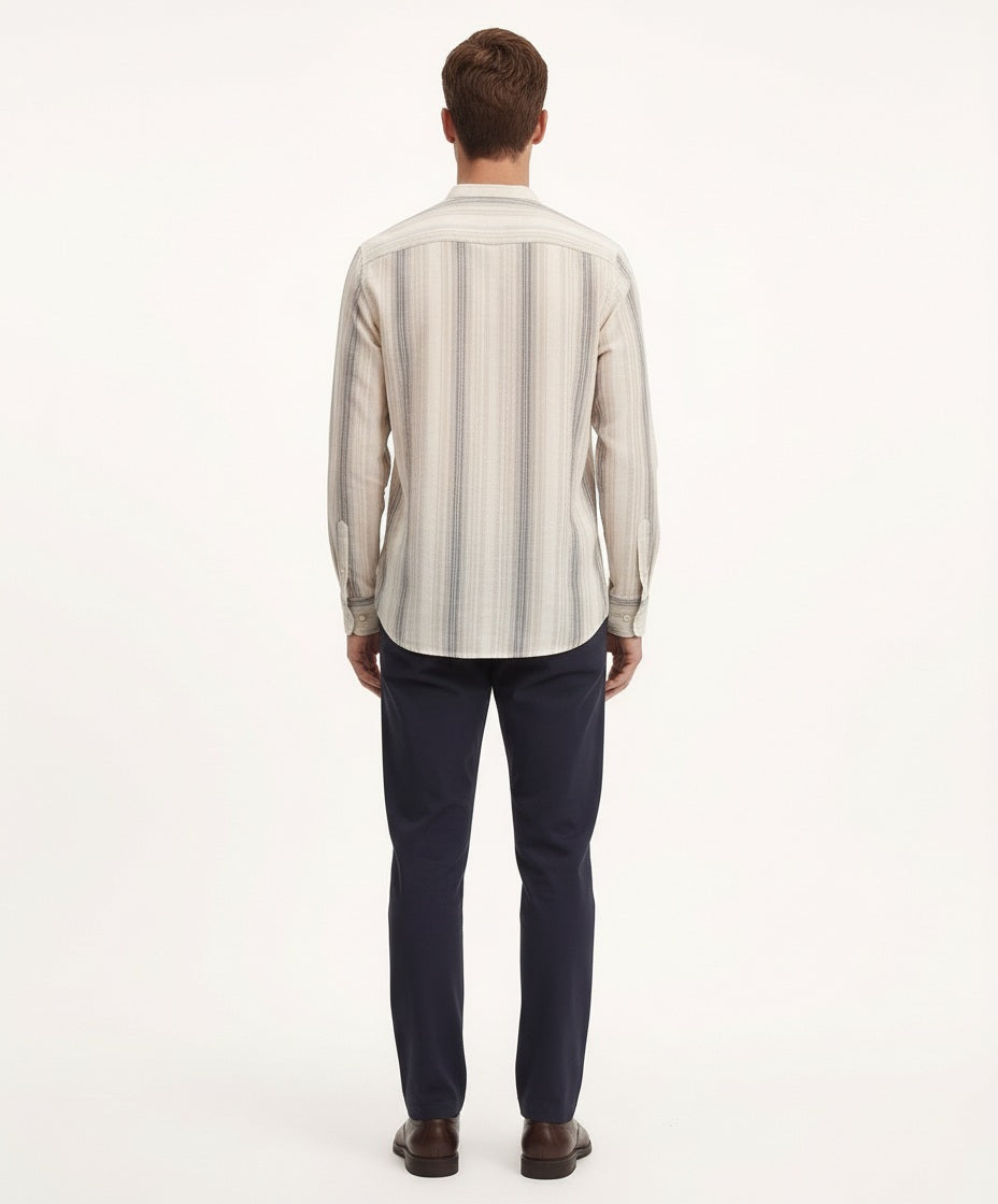 Men Natural Multi Stripes Mandrin Neck  Casual Shirt