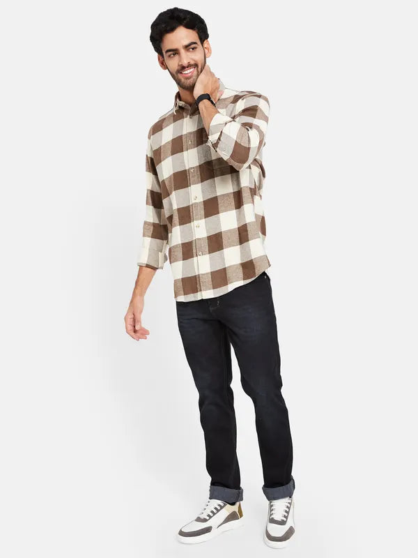 Mettle Men Brown Checked Casual Shirt