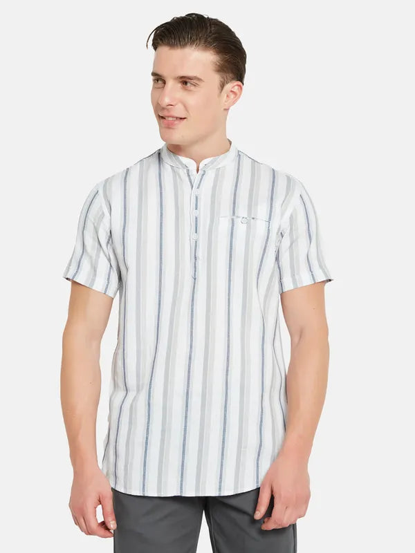 Mettle Vertical Striped Band Collar Cotton Casual Shirt