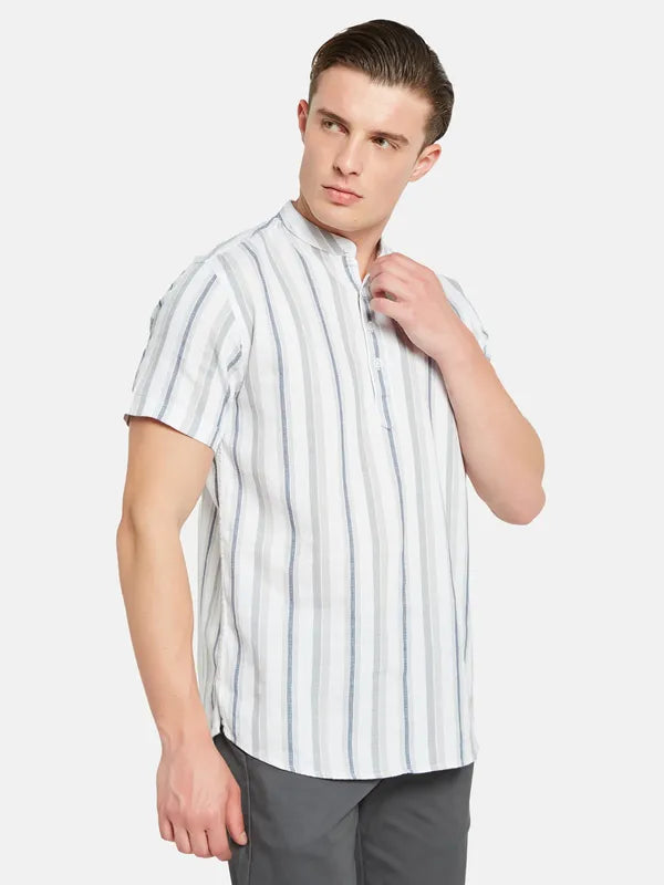 Mettle Vertical Striped Band Collar Cotton Casual Shirt