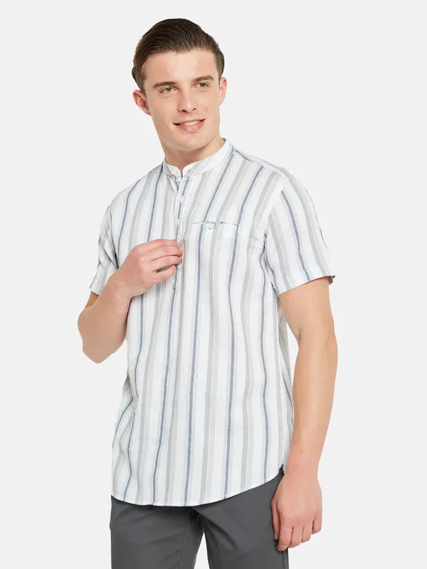 Mettle Vertical Striped Band Collar Cotton Casual Shirt