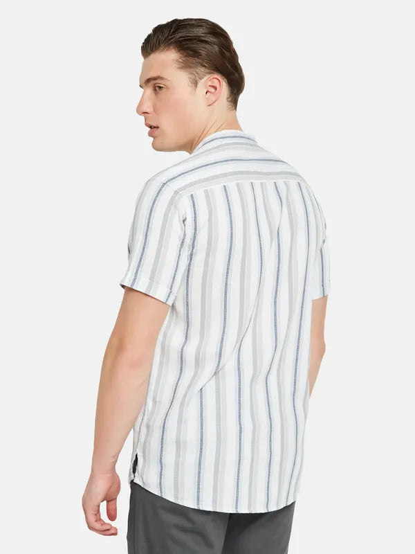 Mettle Vertical Striped Band Collar Cotton Casual Shirt