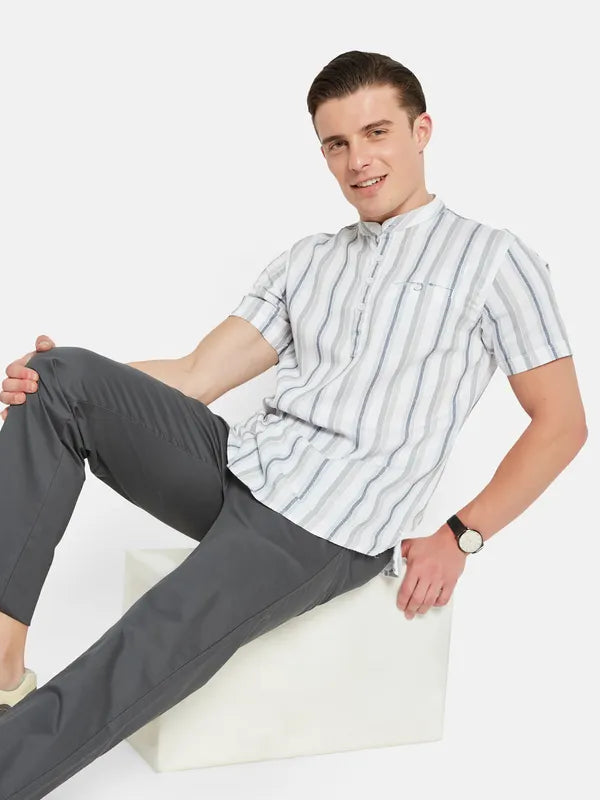 Mettle Vertical Striped Band Collar Cotton Casual Shirt