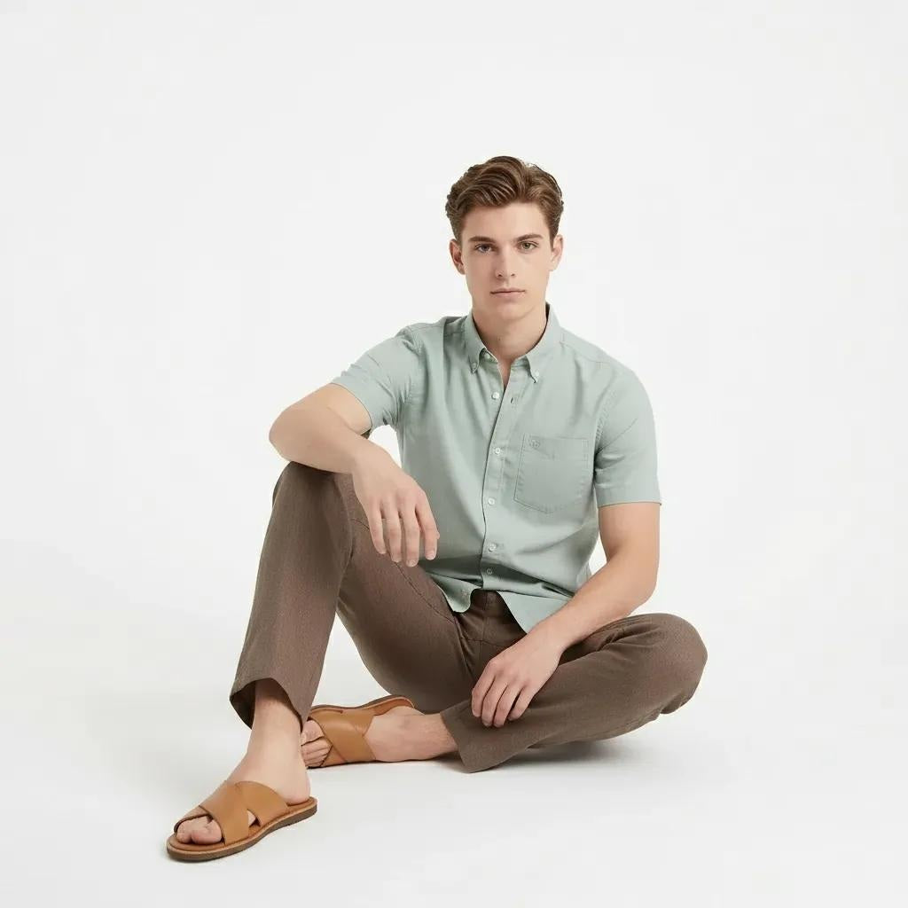 Men Olive Polo Neck Solid Casual Shirt