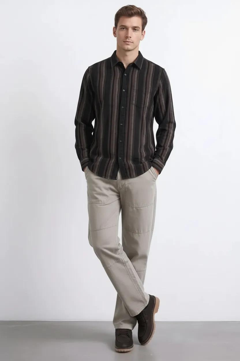 Men Black Striped Polo Neck Shirt