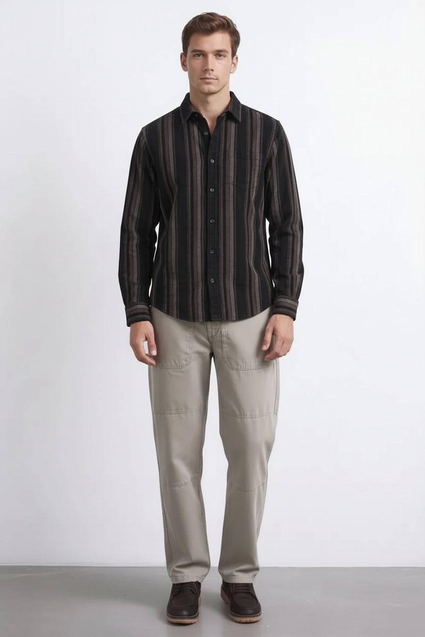 Men Black Striped Polo Neck Shirt