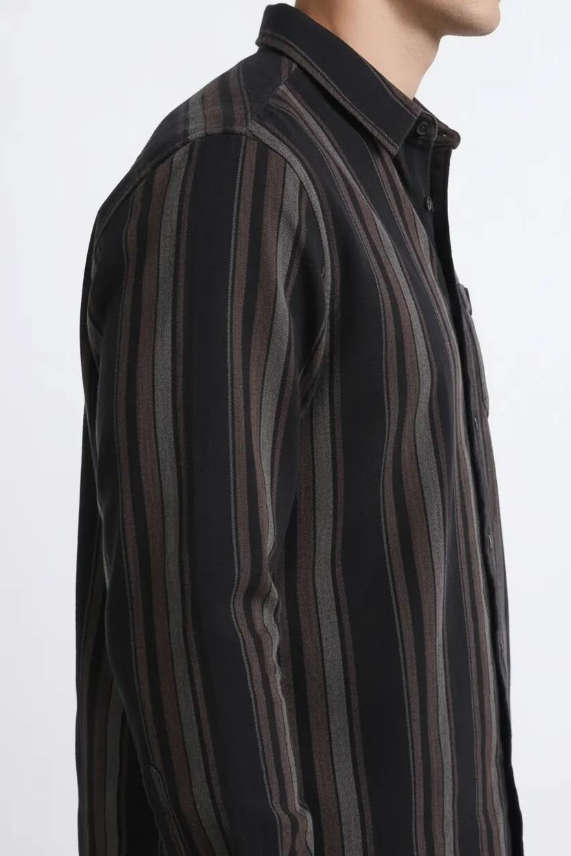 Men Black Striped Polo Neck Shirt