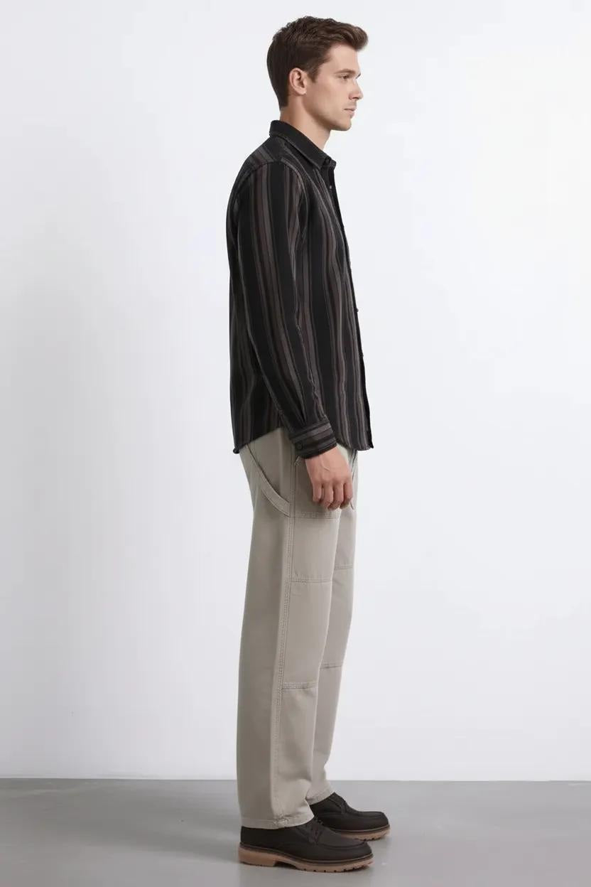 Men Black Striped Polo Neck Shirt