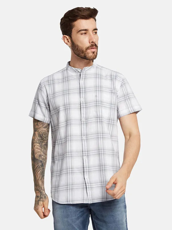 Mettle Men Band Collar Tartan Checks Casual Shirt