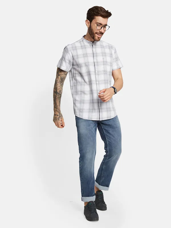 Mettle Men Band Collar Tartan Checks Casual Shirt