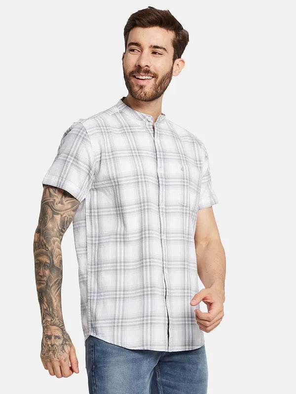 Mettle Men Band Collar Tartan Checks Casual Shirt