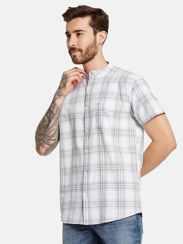 Mettle Men Band Collar Tartan Checks Casual Shirt