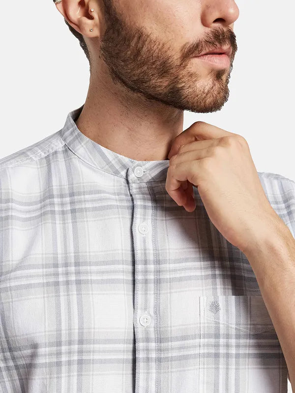 Mettle Men Band Collar Tartan Checks Casual Shirt