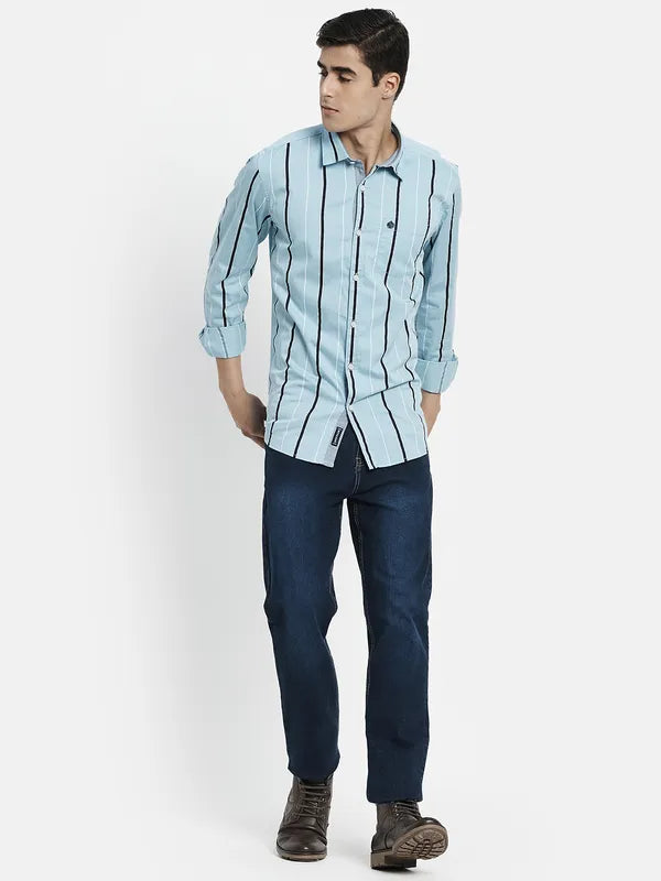 Men Blue Striped Cotton Full Sleeve Casual Shirt