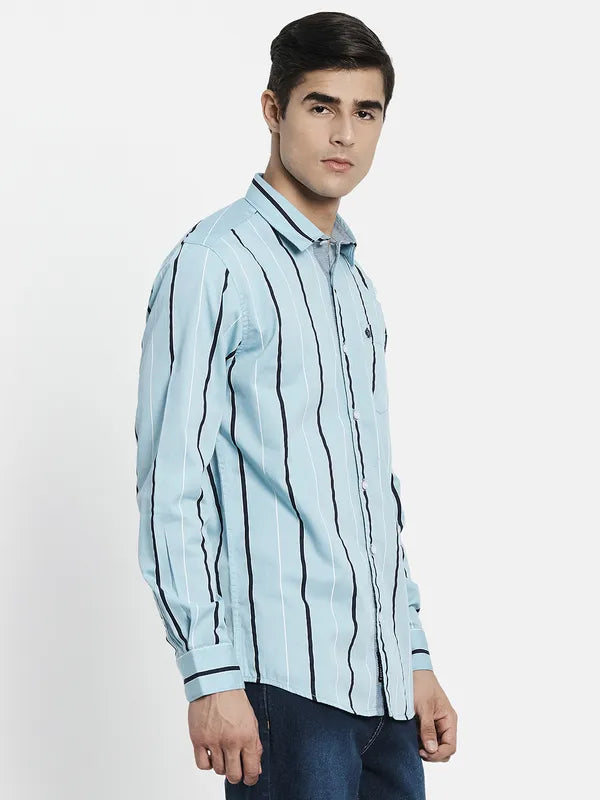 Men Blue Striped Cotton Full Sleeve Casual Shirt