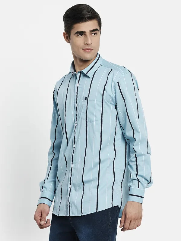 Men Blue Striped Cotton Full Sleeve Casual Shirt