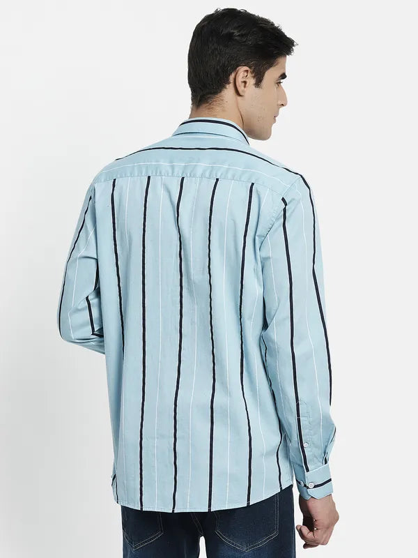 Men Blue Striped Cotton Full Sleeve Casual Shirt