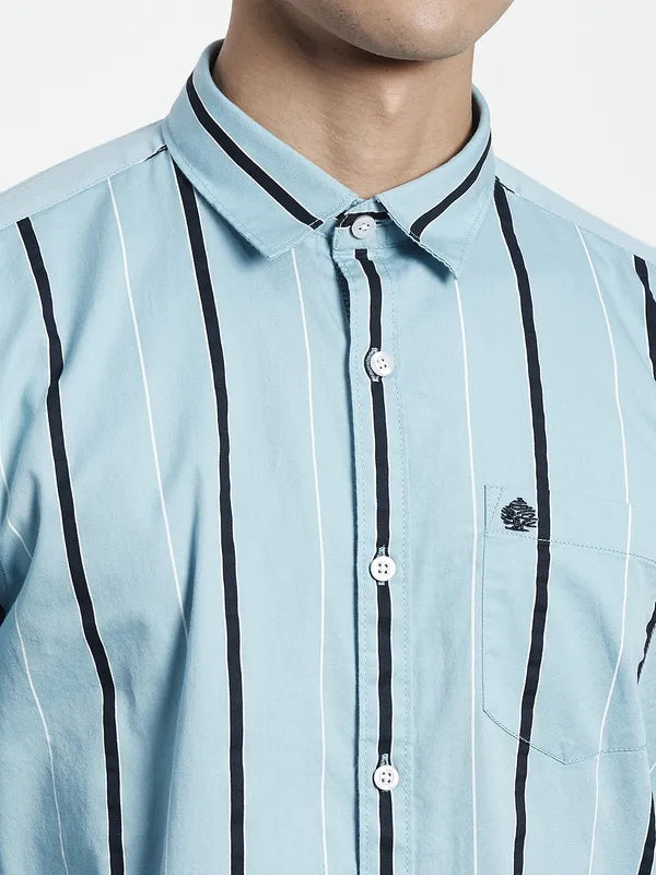 Men Blue Striped Cotton Full Sleeve Casual Shirt