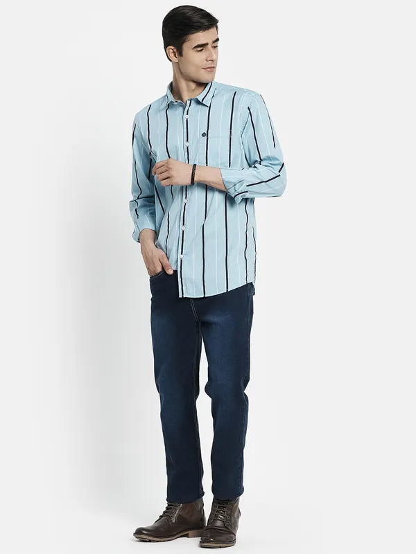 Men Blue Striped Cotton Full Sleeve Casual Shirt