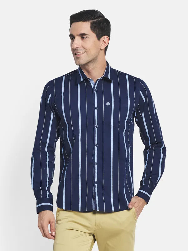 Men Navy Blue Striped Casual Shirt