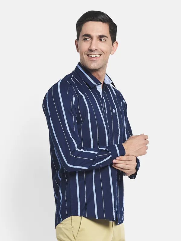 Men Navy Blue Striped Casual Shirt