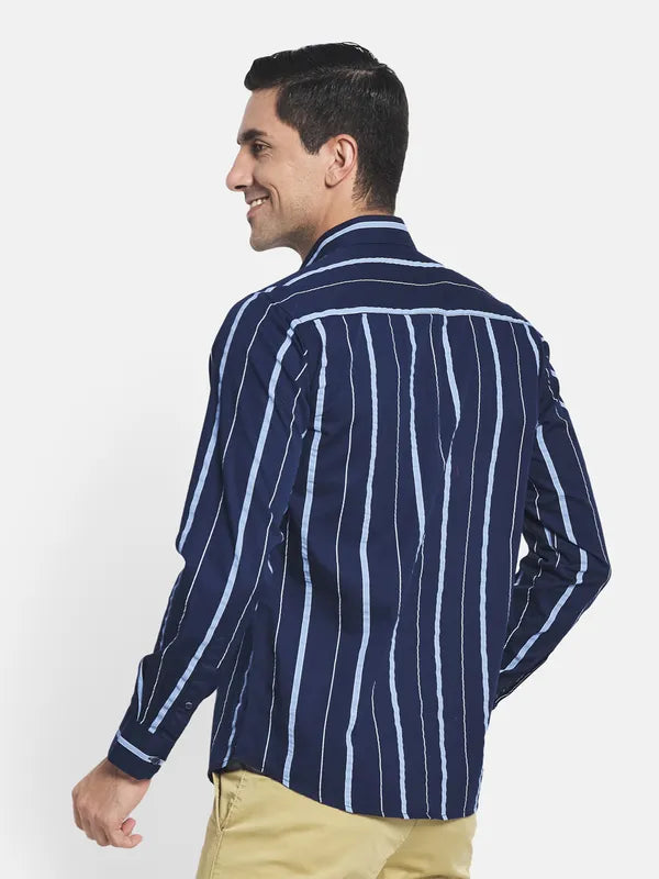 Men Navy Blue Striped Casual Shirt