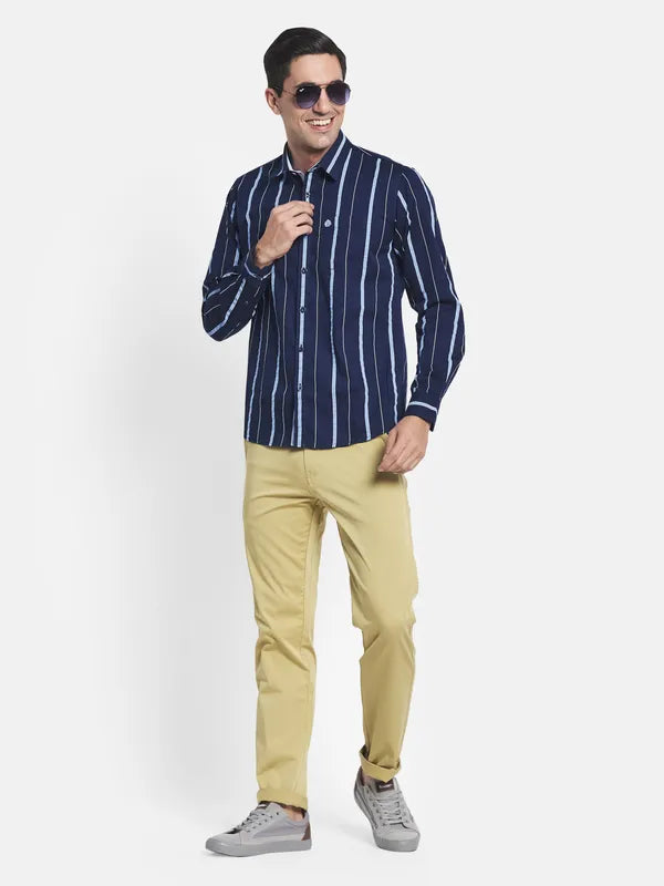 Men Navy Blue Striped Casual Shirt