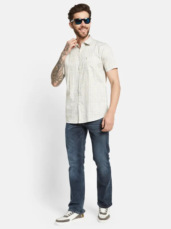 Mettle Spread Collar Geometric Printed Casual Cotton Shirt