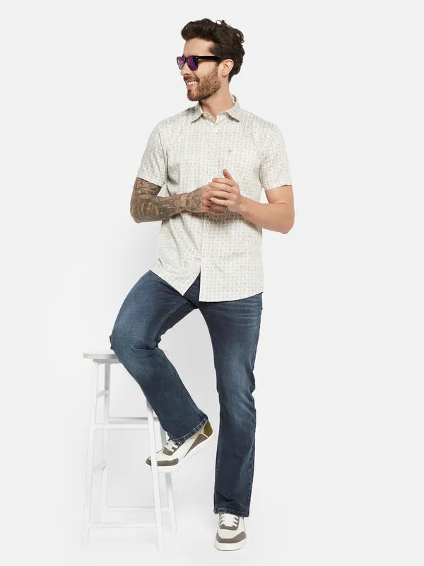 Mettle Spread Collar Geometric Printed Casual Cotton Shirt