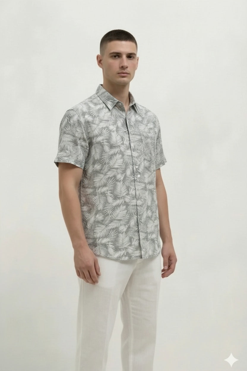 Men Mint Floral Printed Spread Collar Cotton Casual Shirt