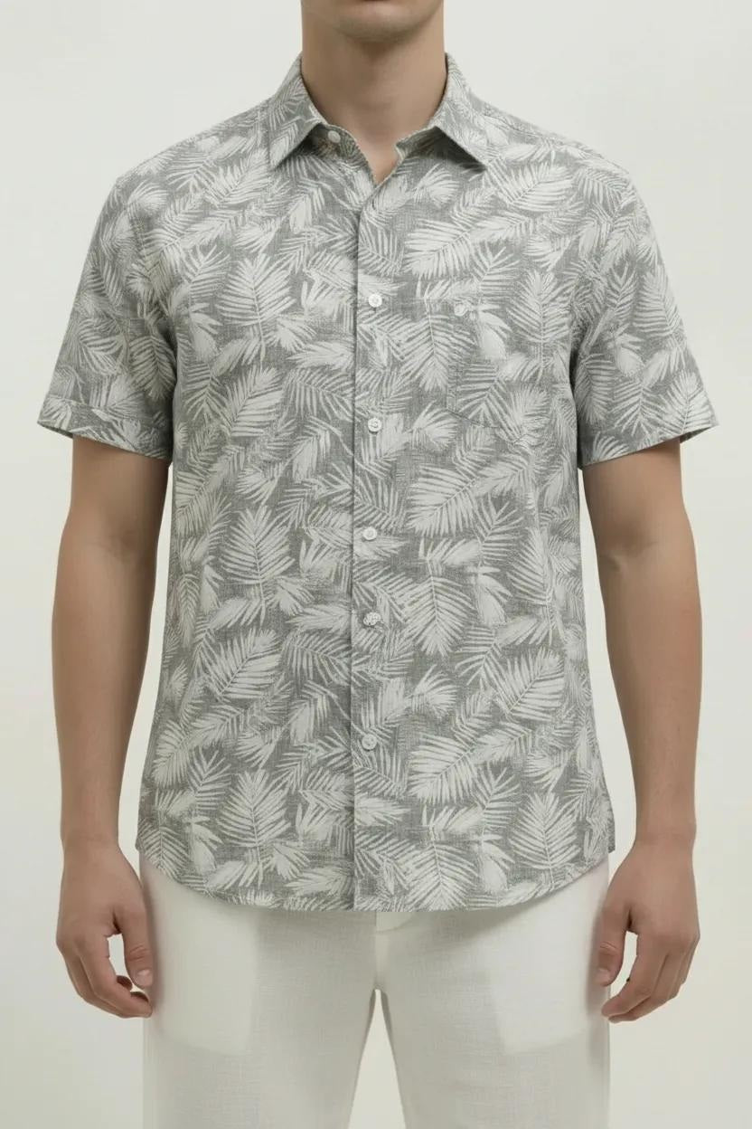 Men Mint Floral Printed Spread Collar Cotton Casual Shirt