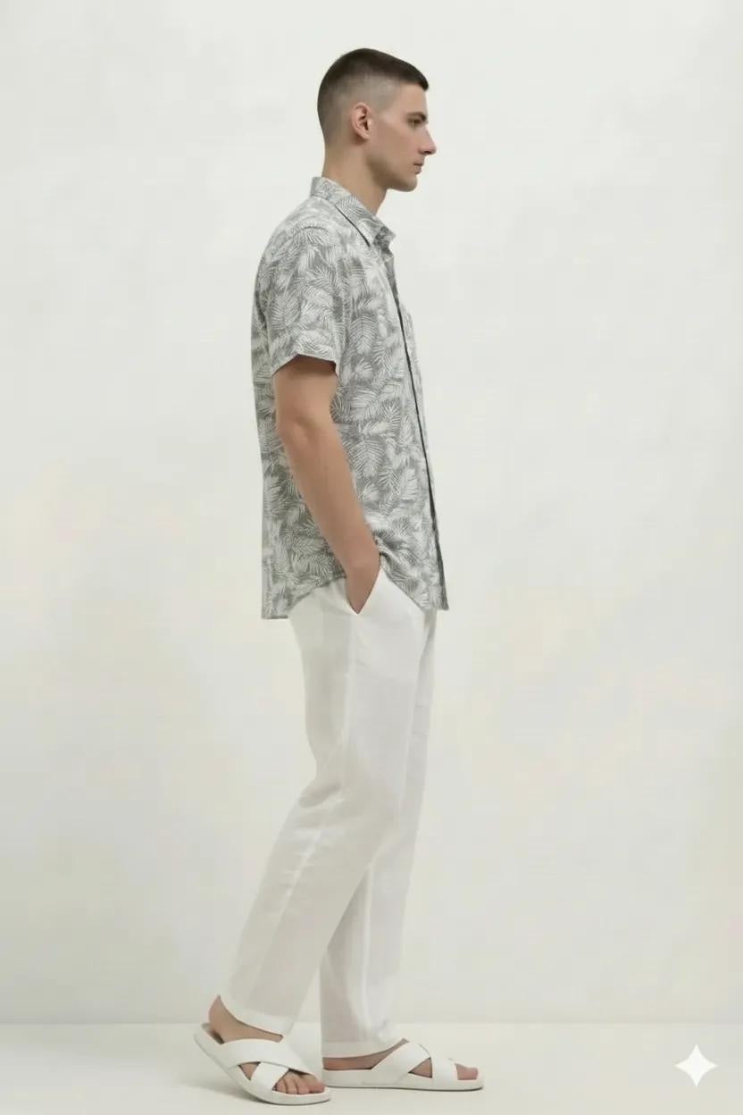Men Mint Floral Printed Spread Collar Cotton Casual Shirt