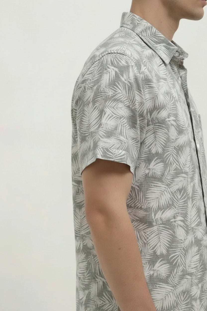 Men Mint Floral Printed Spread Collar Cotton Casual Shirt