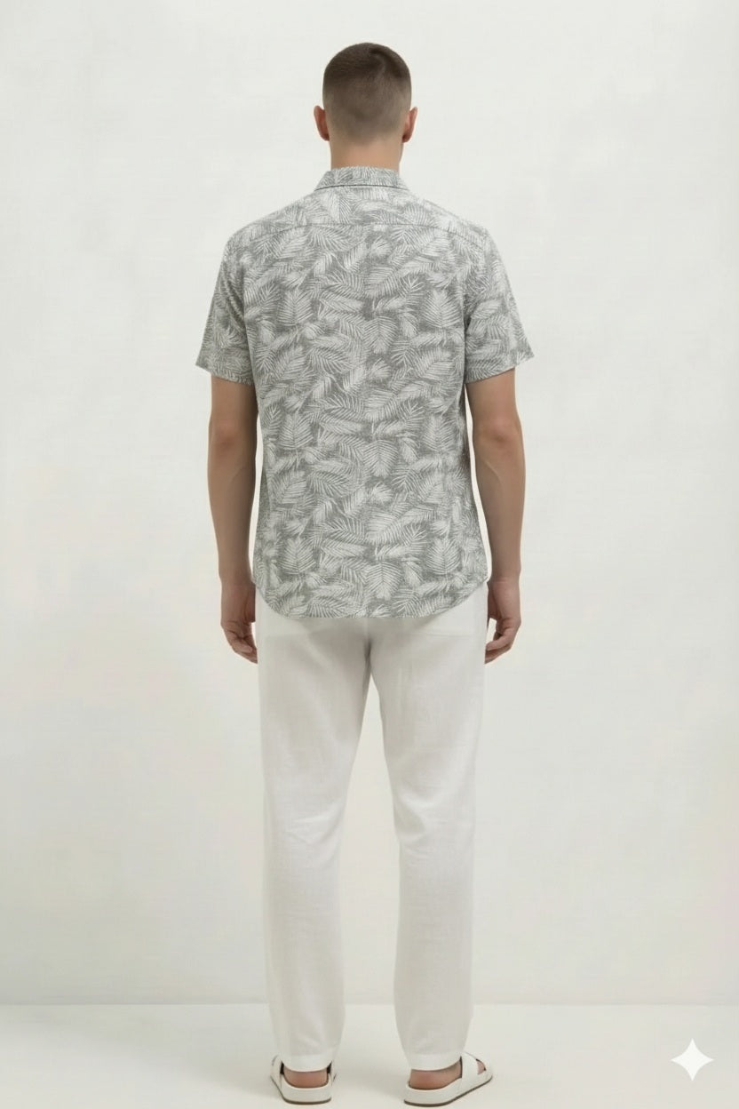 Men Mint Floral Printed Spread Collar Cotton Casual Shirt