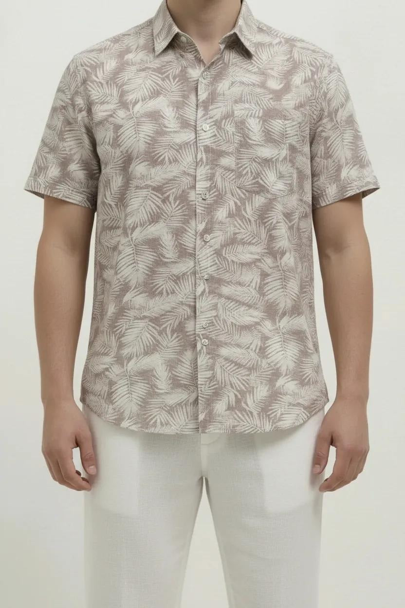 Men Suede Floral Printed Spread Collar Cotton Casual Shirt