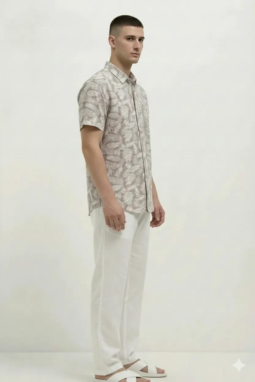 Men Suede Floral Printed Spread Collar Cotton Casual Shirt
