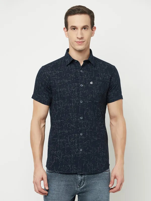 Mettle Men Navy Blue Printed Casual Shirt