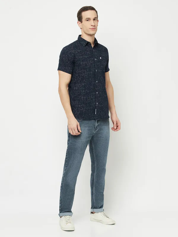 Mettle Men Navy Blue Printed Casual Shirt