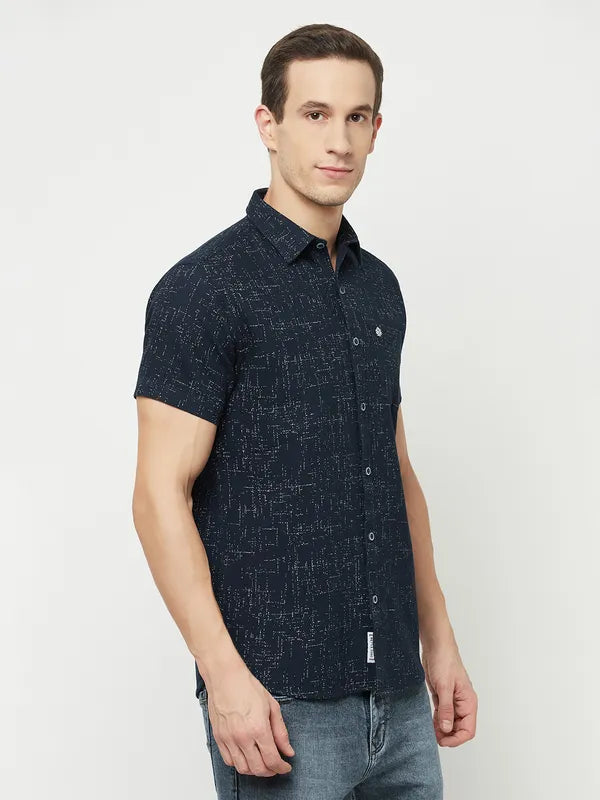 Mettle Men Navy Blue Printed Casual Shirt