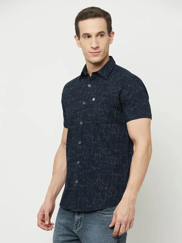 Mettle Men Navy Blue Printed Casual Shirt